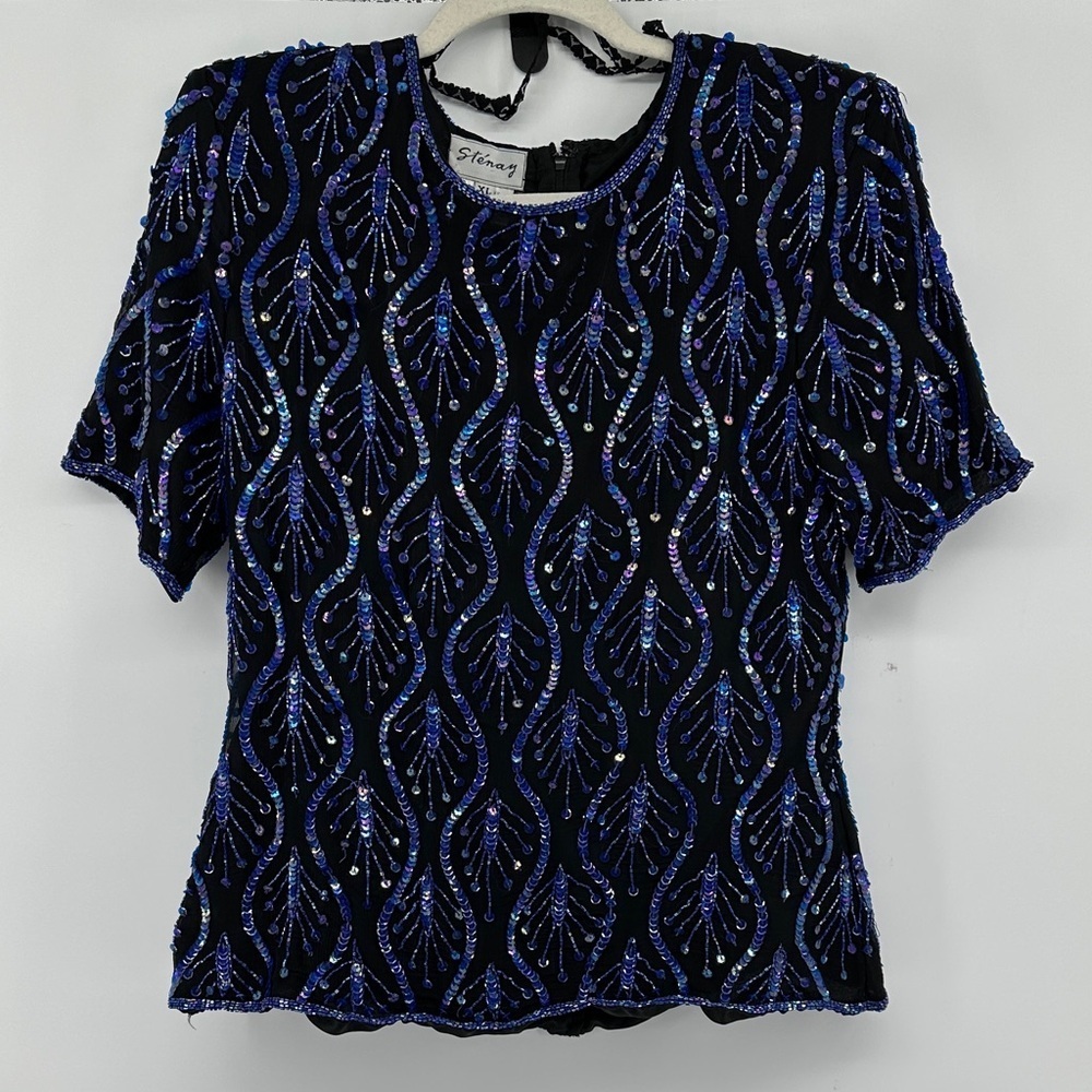 VTG 80s Regencycore Disco Party Maximalist Black/Blue Sequin Stenay BlouseSzXL
